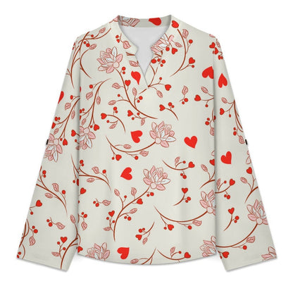 White Background Love Flowers  Versatile Notched V-Neck Tunic | Roll Tab 3/4 Sleeve Office Casual Top