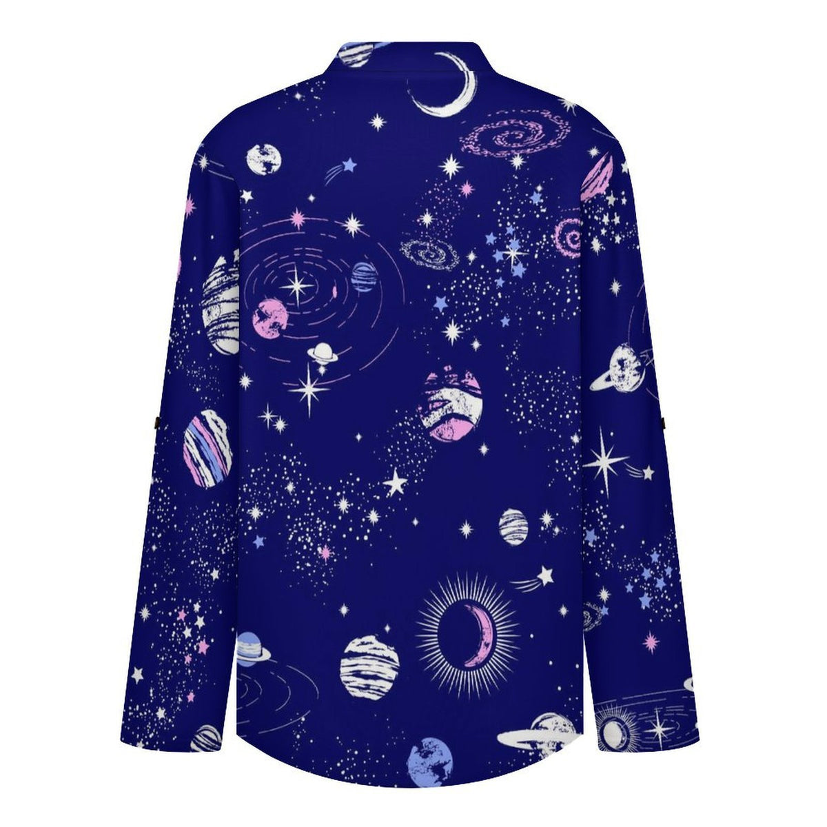 Women's Notched V Neck Tunic Tops, Roll Up 3/4 Sleeve Button Cuff Casual Blouse, Hem Loose Work Shirts  Blue Planet, Outer Space
