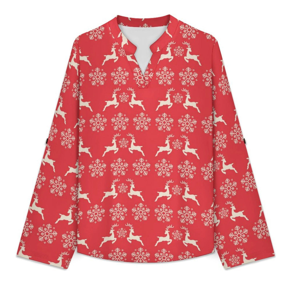 Women's Notched V Neck Tunic Tops, Roll Up 3/4 Sleeve Button Cuff Casual Blouse, Hem Loose Work Shirts  Christmas-snowflake-reindeer-red-tiled-repeat