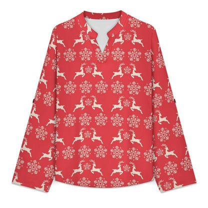 Women's Notched V Neck Tunic Tops, Roll Up 3/4 Sleeve Button Cuff Casual Blouse, Hem Loose Work Shirts  Christmas-snowflake-reindeer-red-tiled-repeat