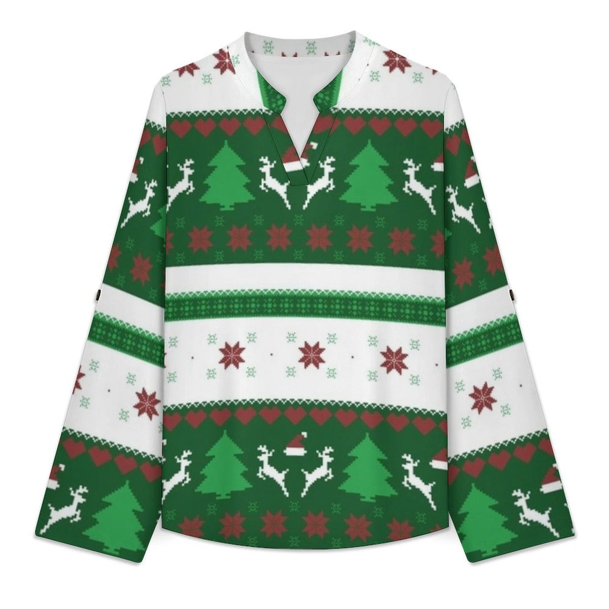 Versatile Notched V-Neck Tunic  Roll Tab 3/4 Sleeve Office Casual Top  Christmas Pattern