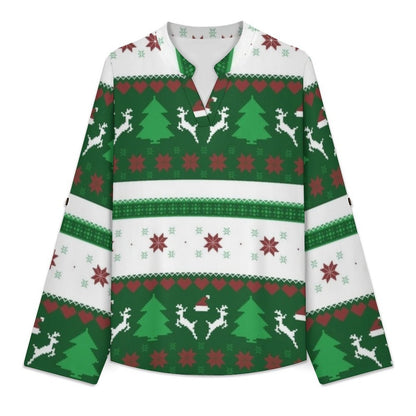 Versatile Notched V-Neck Tunic  Roll Tab 3/4 Sleeve Office Casual Top  Christmas Pattern