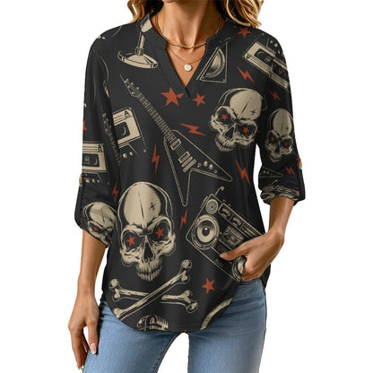 Retro Skull Pattern, Music  Versatile Notched V-Neck Tunic | Roll Tab 3/4 Sleeve Office Casual Top
