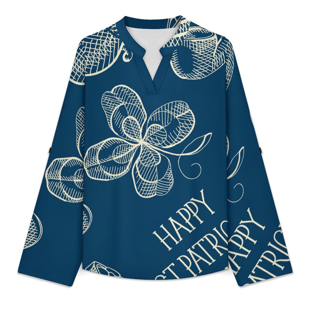 Women Curved Hem V Neck Roll Sleeve Casual Work Top  Blue, St. Patrick's Day, Pattern