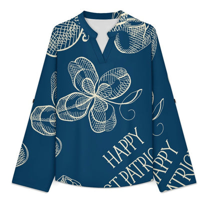Women Curved Hem V Neck Roll Sleeve Casual Work Top  Blue, St. Patrick's Day, Pattern