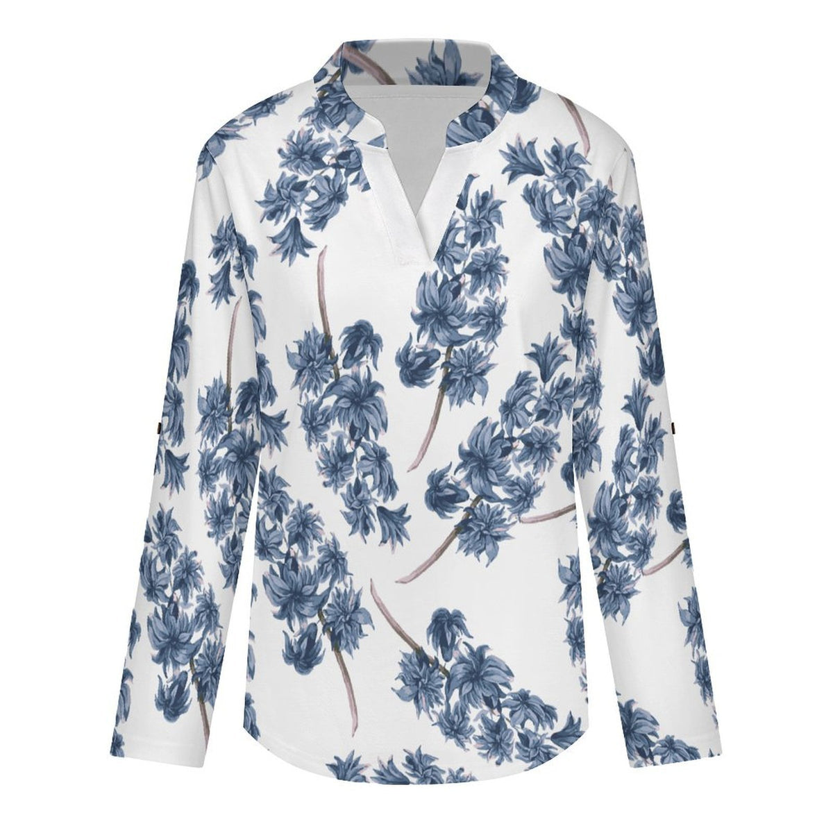 Women's Notched V Neck Tunic Tops, Roll Up 3/4 Sleeve Button Cuff Casual Blouse, Hem Loose Work Shirts  Purple Flowers, Repeating Pattern