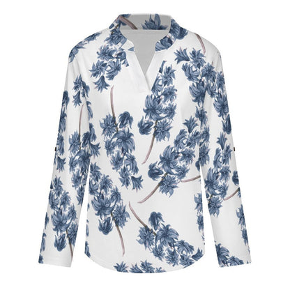 Women's Notched V Neck Tunic Tops, Roll Up 3/4 Sleeve Button Cuff Casual Blouse, Hem Loose Work Shirts  Purple Flowers, Repeating Pattern