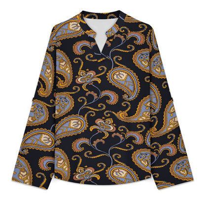 Women Curved Hem V Neck Roll Sleeve Casual Work Top  Paisley