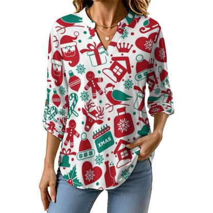 Christmas Pattern  Versatile Notched V-Neck Tunic | Roll Tab 3/4 Sleeve Office Casual Top
