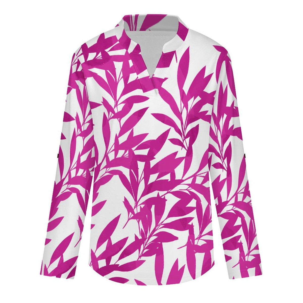Purple Leaves, Repeating Pattern  Versatile Notched V-Neck Tunic | Roll Tab 3/4 Sleeve Office Casual Top