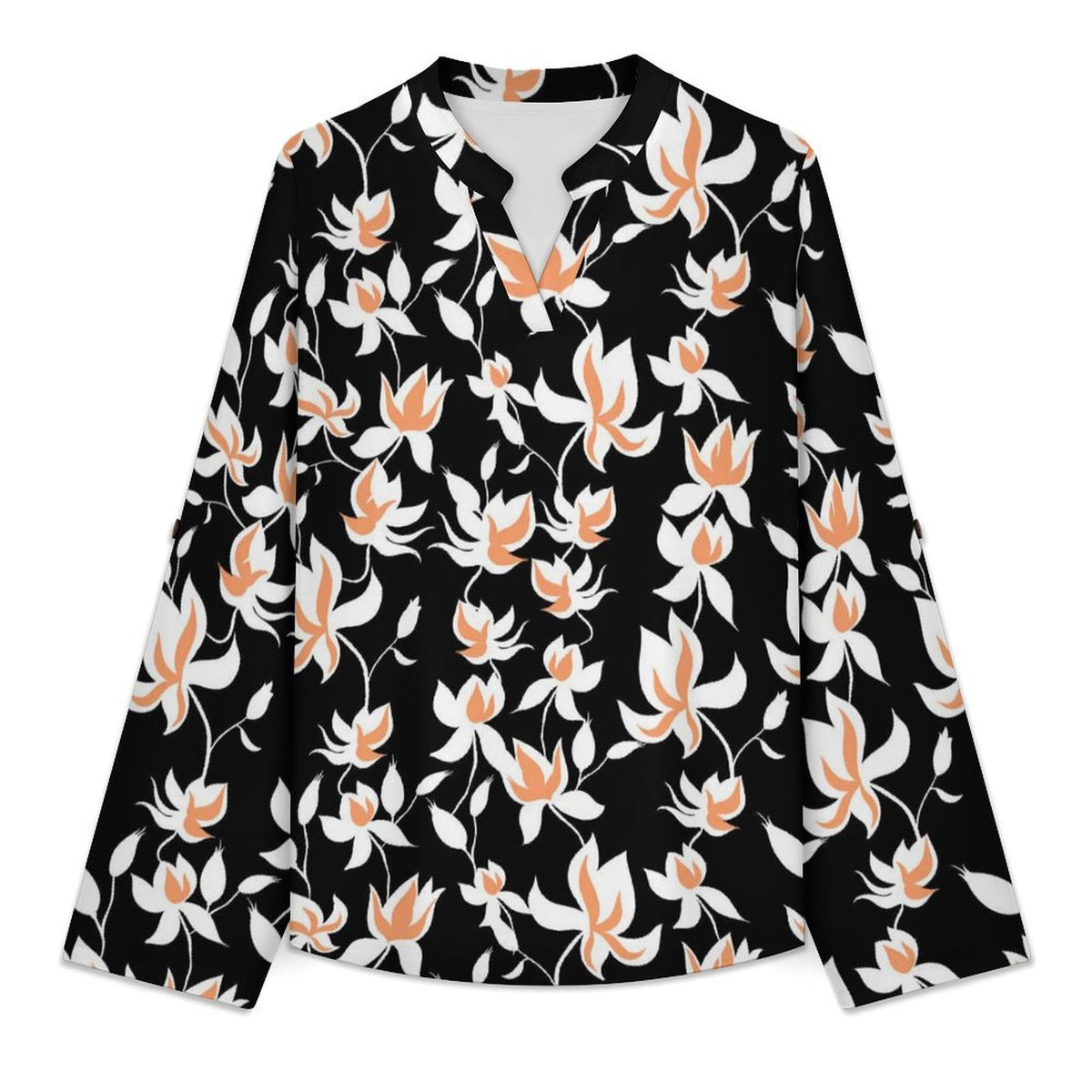 Flower Pattern Repeat  Versatile Notched V-Neck Tunic | Roll Tab 3/4 Sleeve Office Casual Top