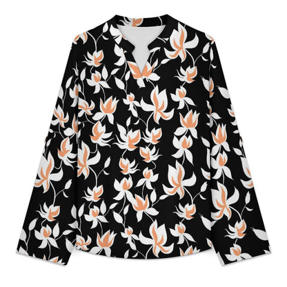 Flower Pattern Repeat  Versatile Notched V-Neck Tunic | Roll Tab 3/4 Sleeve Office Casual Top