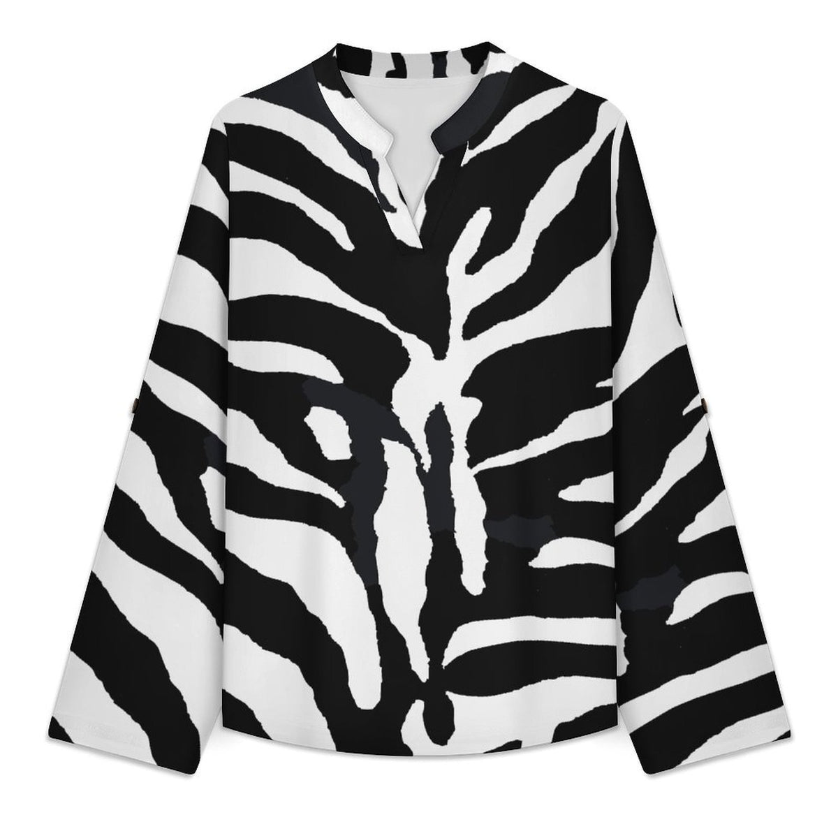 Versatile Notched V-Neck Tunic  Roll Tab 3/4 Sleeve Office Casual Top  Black And White, Zebra Print