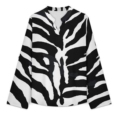 Versatile Notched V-Neck Tunic  Roll Tab 3/4 Sleeve Office Casual Top  Black And White, Zebra Print