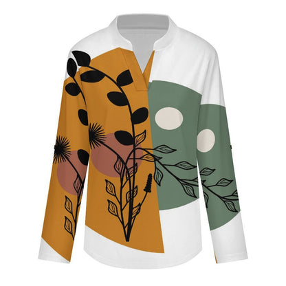 Chinese Wind Scenery  Versatile Notched V-Neck Tunic | Roll Tab 3/4 Sleeve Office Casual Top