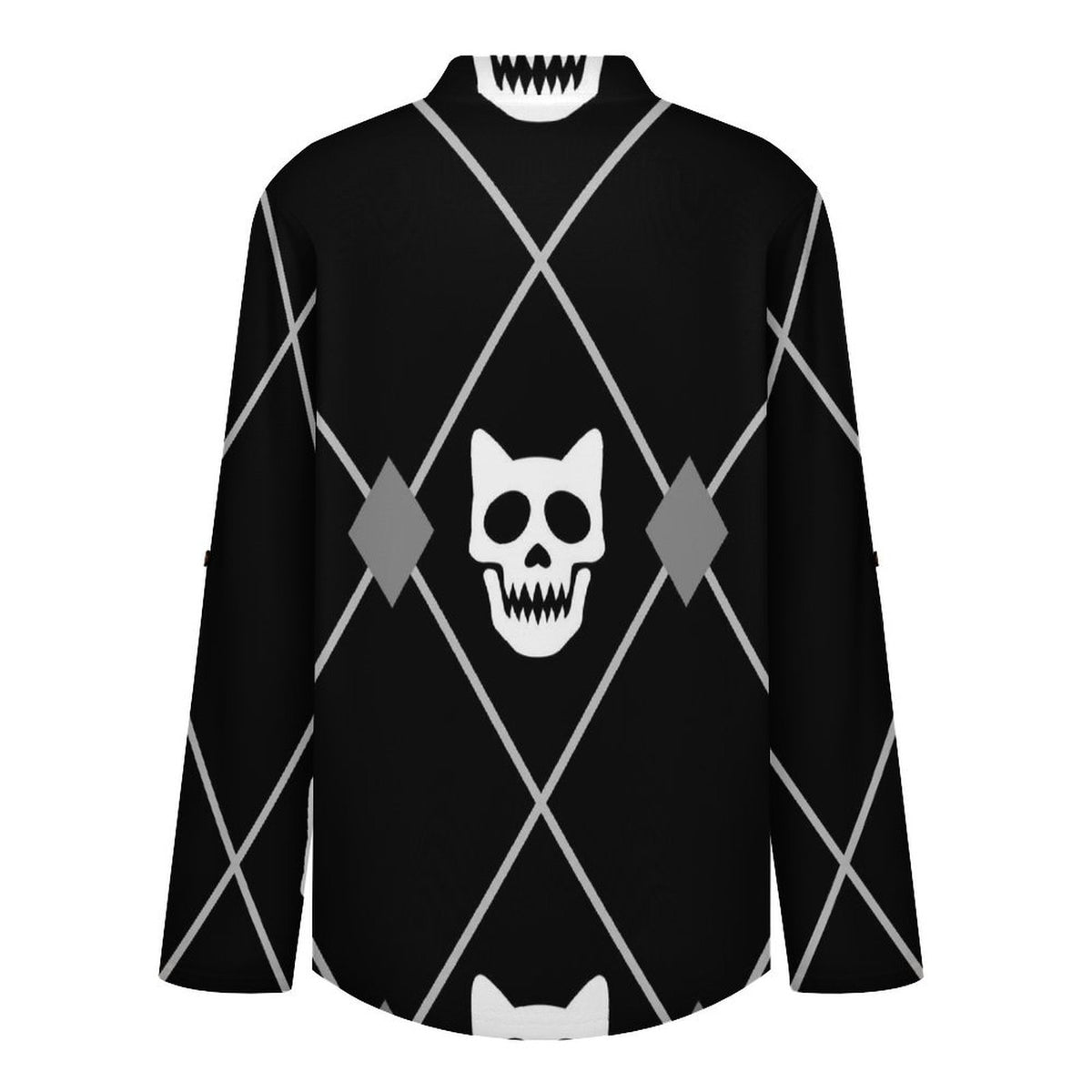 Rhombus Plaid Skull Black And White Roll Tab 3/4 Sleeve Notched V Neck Tunic Blouse