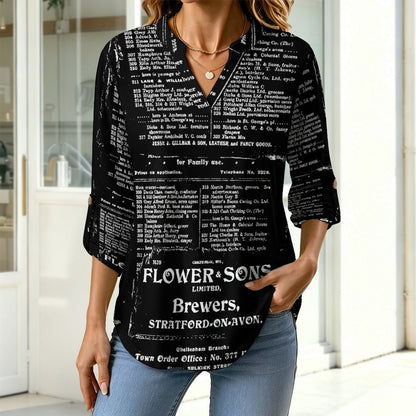 Stand-up Collar Long-sleeved Shirt Newspaper Vintage Dress white S Women’s V-Neck Blouses
