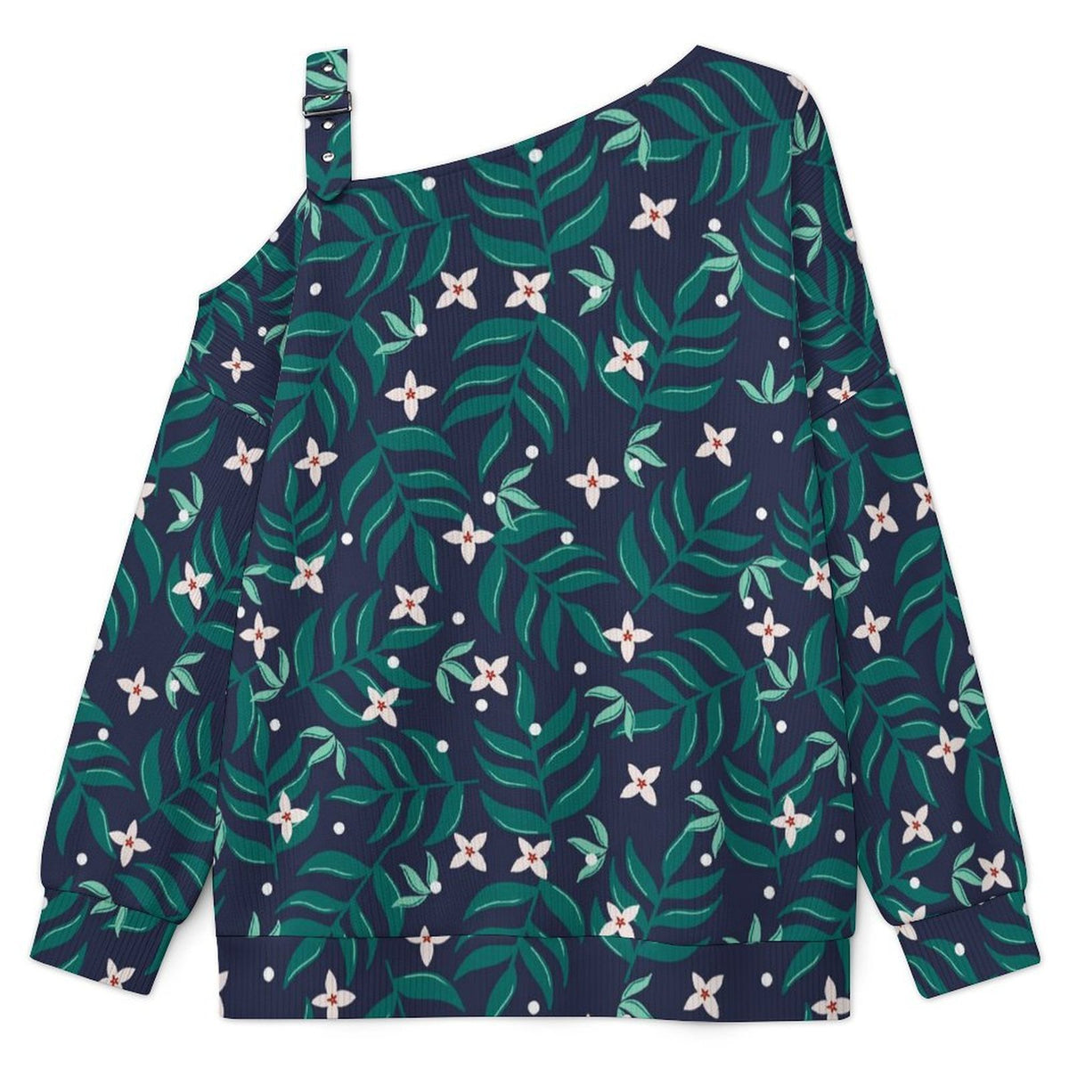 Long Sleeve Relaxed-Fit Solid Pullover Flower Pattern Green