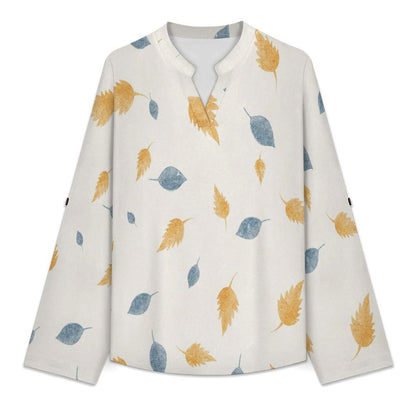 Versatile Notched V-Neck Tunic | Roll Tab 3/4 Sleeve Office Casual Top  Yellow, Blue, Maple Leaf