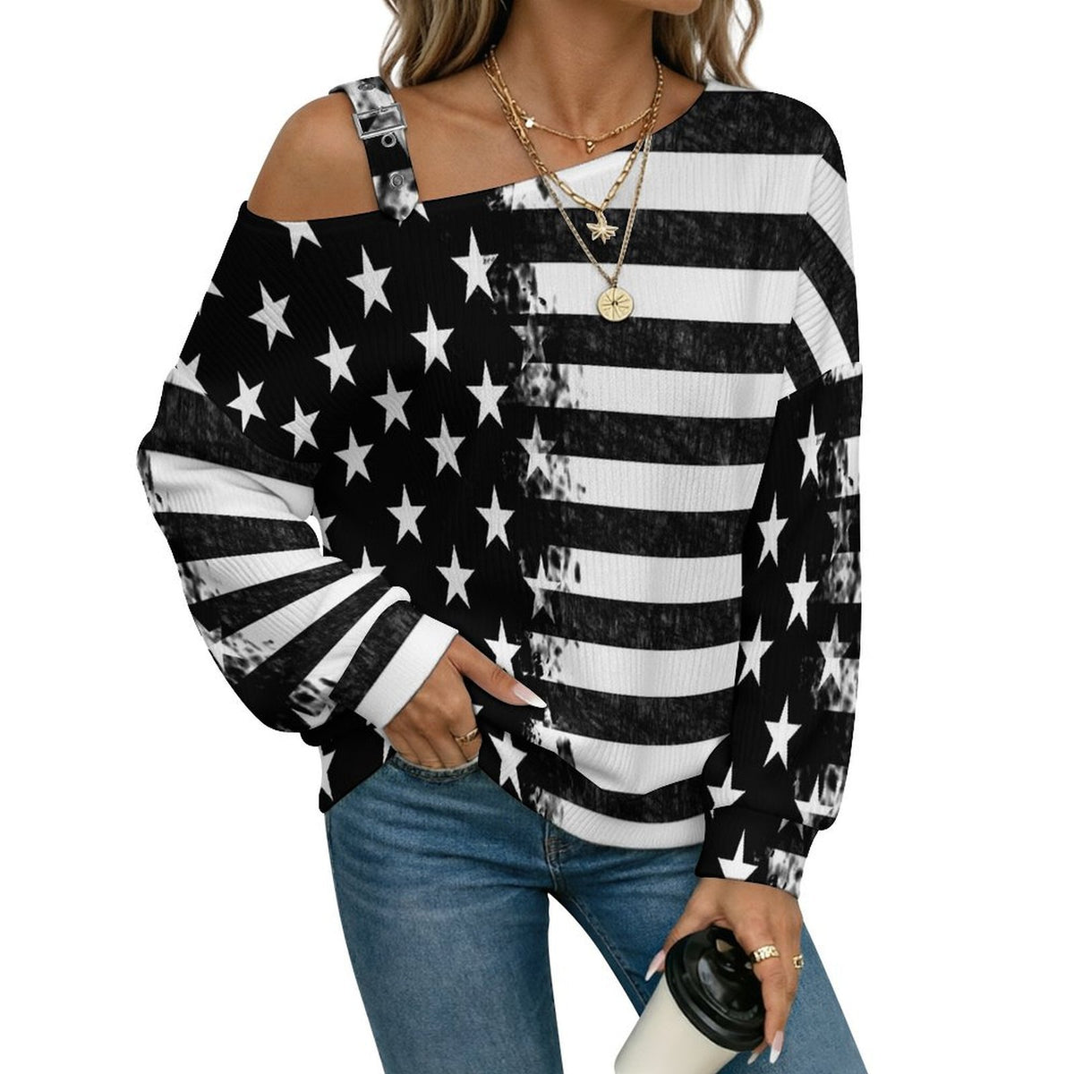Buckle Strap Asymmetrical Off Shoulder Knit Sweater American Flag Black