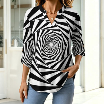 Black And White Interleaving Pattern Roll Tab 3/4 Sleeve Notched V Neck Tunic Blouse