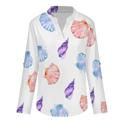 Stand-up Collar Long-sleeved Shirt Shell-blue-full Print-T-shirt-phone Case white S Women’s V-Neck Blouses
