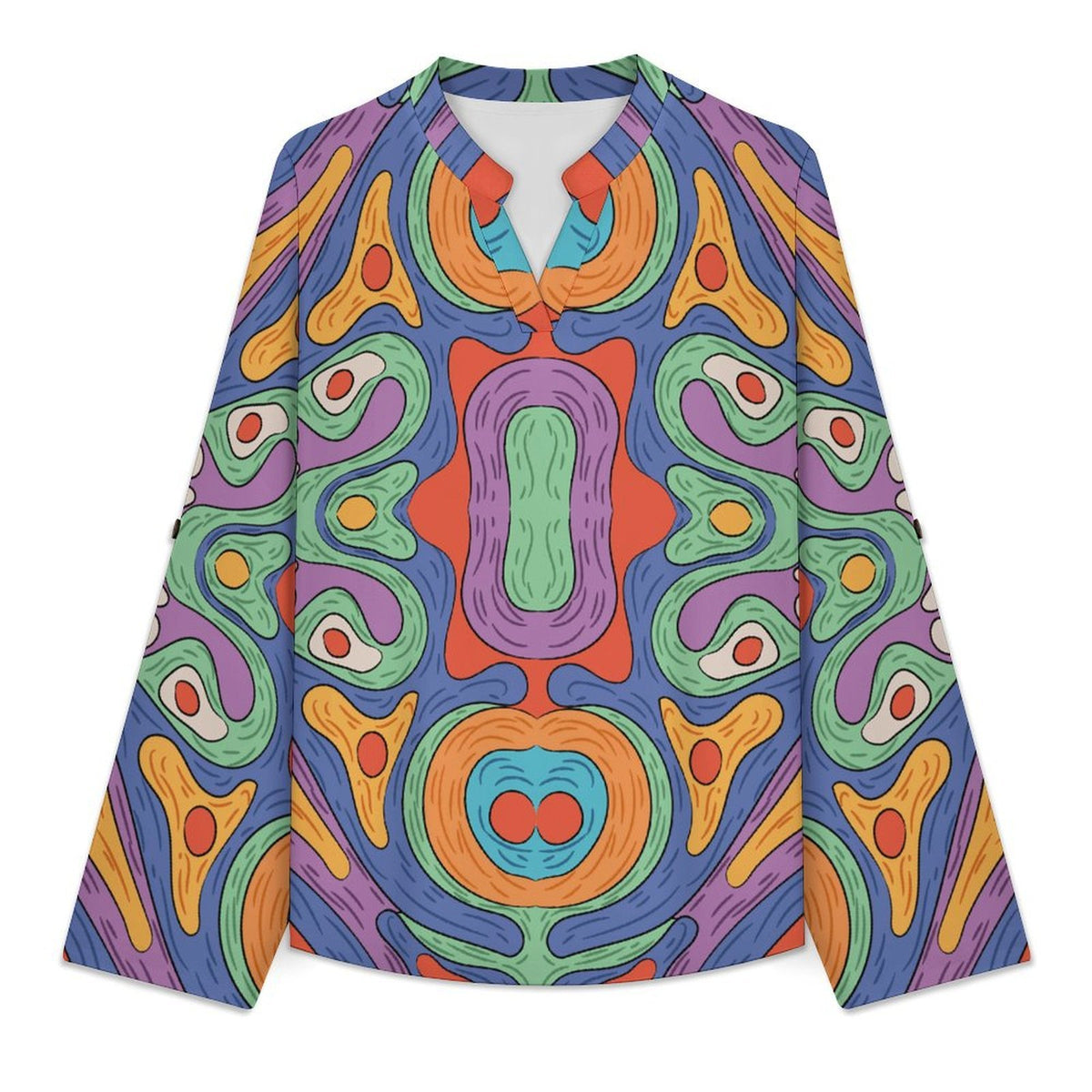 Women's Notched V Neck Tunic Tops, Roll Up 3/4 Sleeve Button Cuff Casual Blouse, Hem Loose Work Shirts Repetitive Pattern