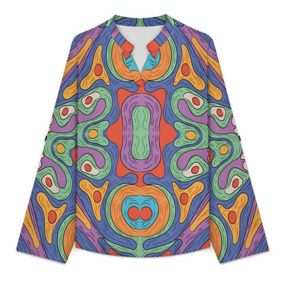 Women's Notched V Neck Tunic Tops, Roll Up 3/4 Sleeve Button Cuff Casual Blouse, Hem Loose Work Shirts Repetitive Pattern