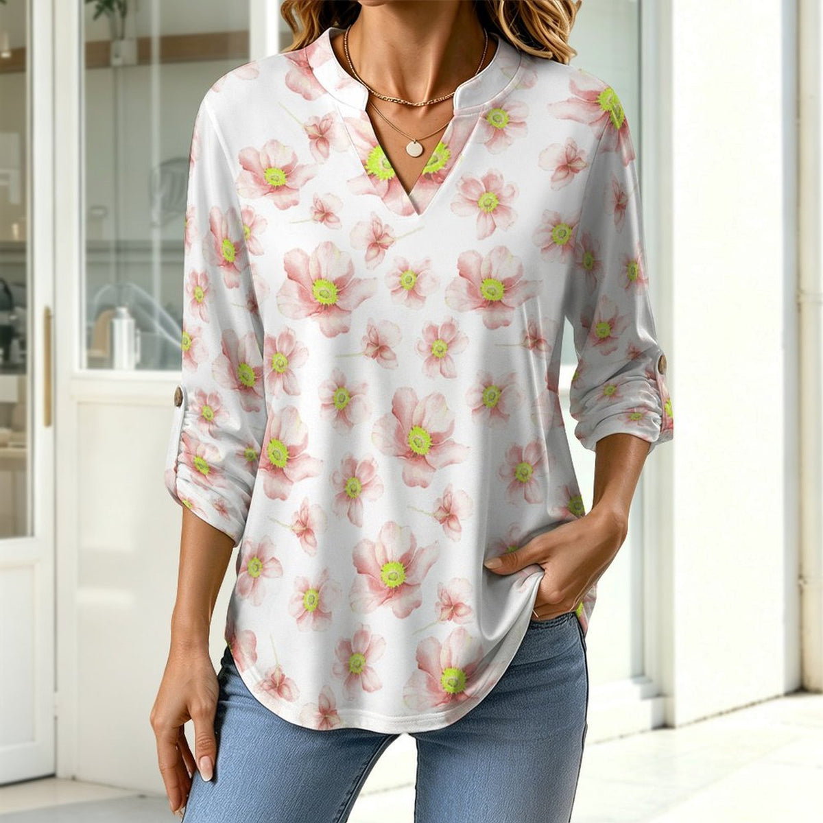 Women's Notched V Neck Tunic Tops, Roll Up 3/4 Sleeve Button Cuff Casual Blouse, Hem Loose Work Shirts  Floral, Pink, Repeating Pattern
