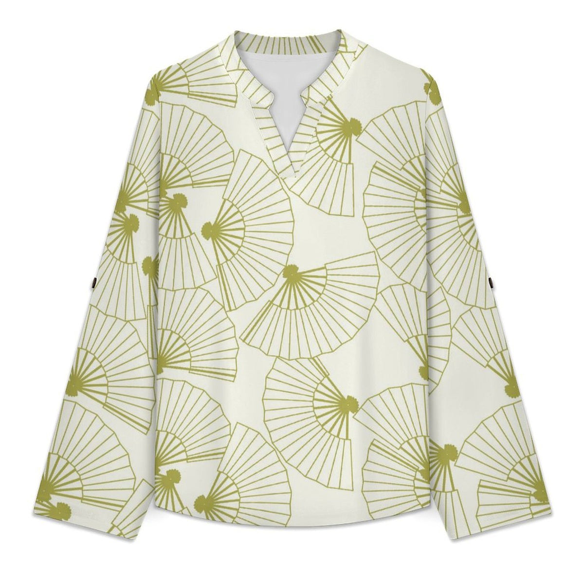 Green Fan Pattern Roll Tab 3/4 Sleeve Notched V Neck Tunic Blouse