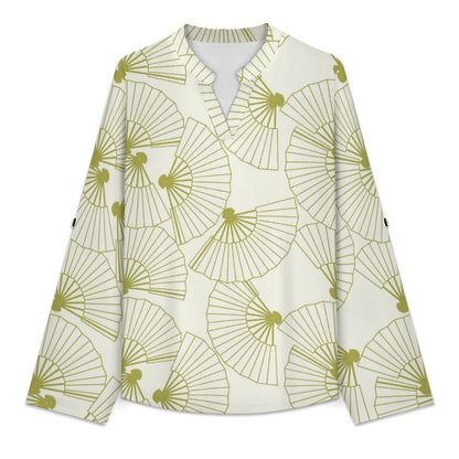 Green Fan Pattern Roll Tab 3/4 Sleeve Notched V Neck Tunic Blouse