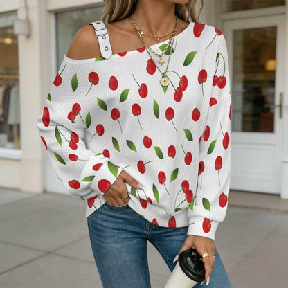 Off-the-shoulder SweaterCherry, Fruit, Background Women’s Off-Shoulder Knit Sweater