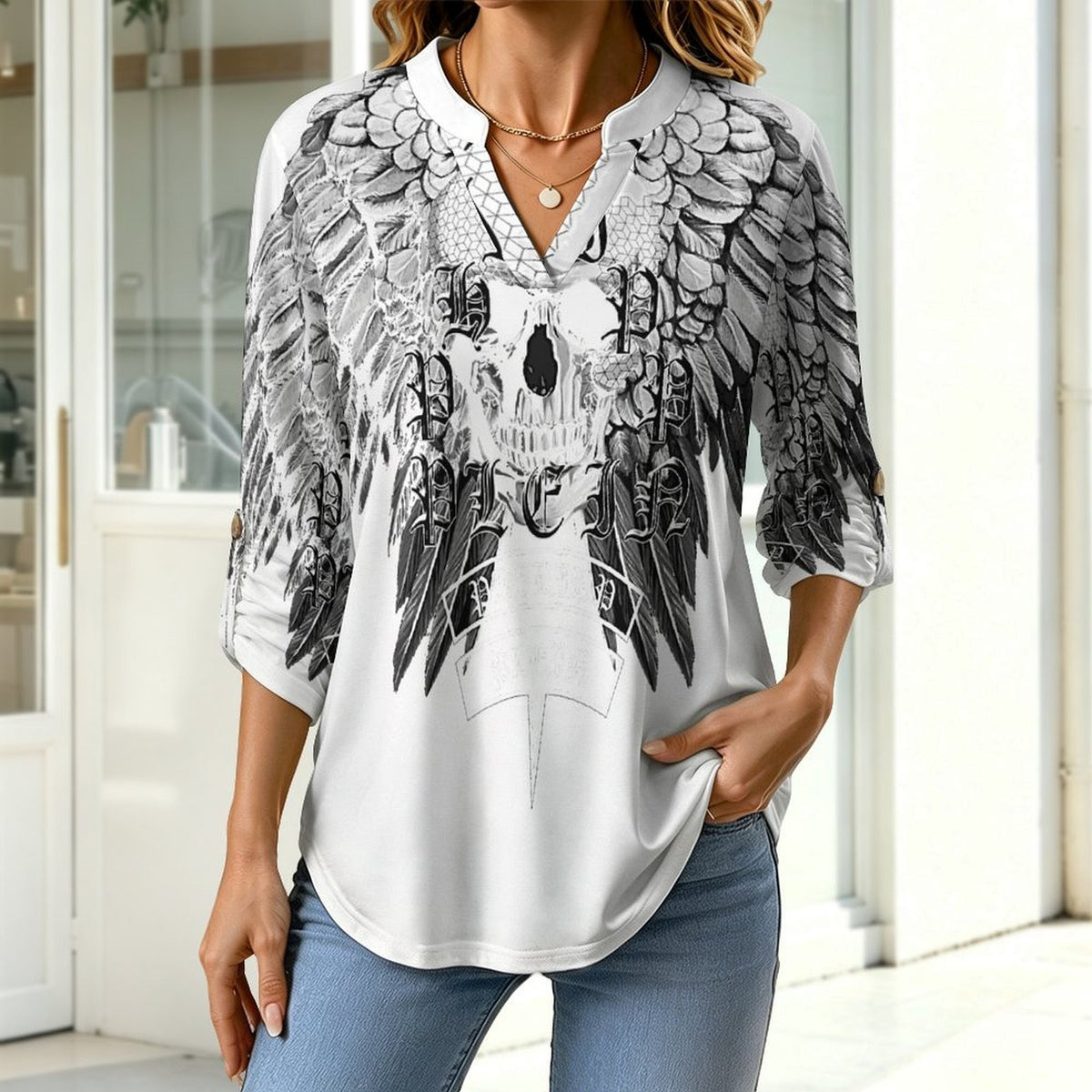 Skull, Wings  Versatile Notched V-Neck Tunic | Roll Tab 3/4 Sleeve Office Casual Top