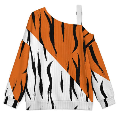Women’s Off-Shoulder Knit Sweater Two Color, Tiger Background