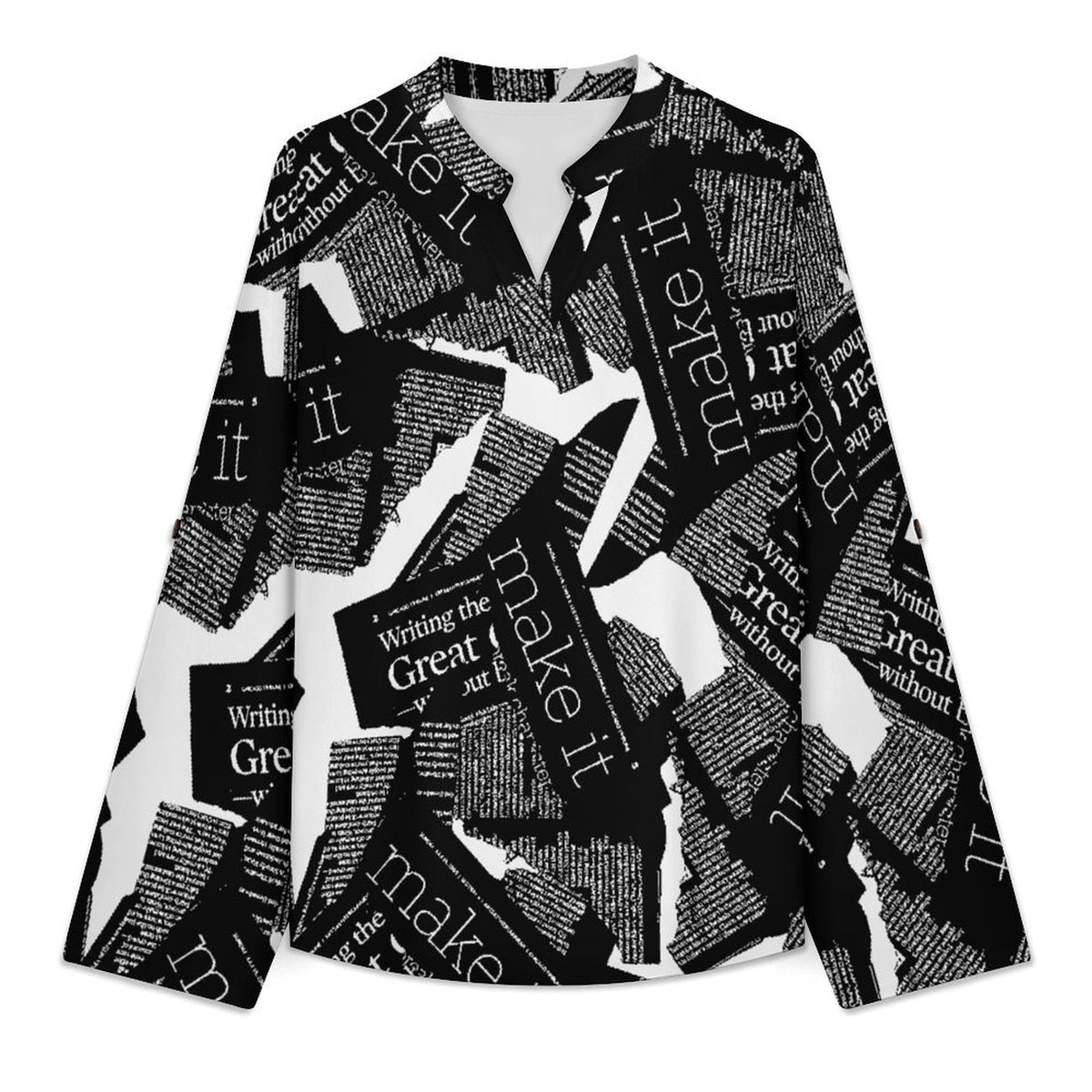 Newspaper Vintage Dress  Women Curved Hem V Neck Roll Sleeve Casual Work Top