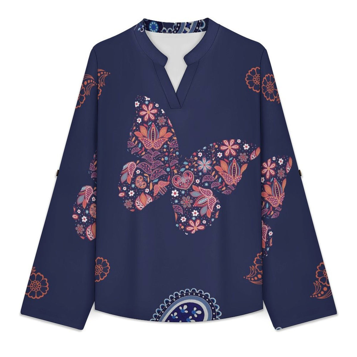 Women's Notched V Neck Tunic Tops, Roll Up 3/4 Sleeve Button Cuff Casual Blouse, Hem Loose Work Shirts  Paisley Texture Butterfly Repeat Tile Texture