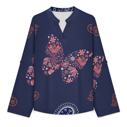 Women's Notched V Neck Tunic Tops, Roll Up 3/4 Sleeve Button Cuff Casual Blouse, Hem Loose Work Shirts  Paisley Texture Butterfly Repeat Tile Texture