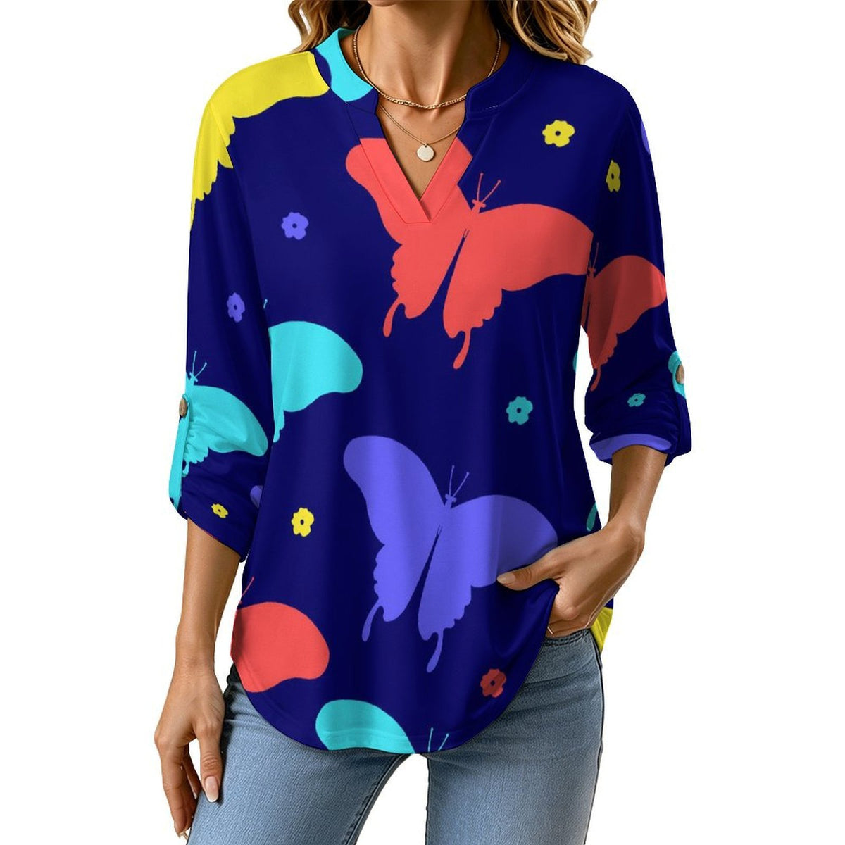 Women's Notched V Neck Tunic Tops, Roll Up 3/4 Sleeve Button Cuff Casual Blouse, Hem Loose Work Shirts  Butterfly-color-red-blue-yellow-repeat