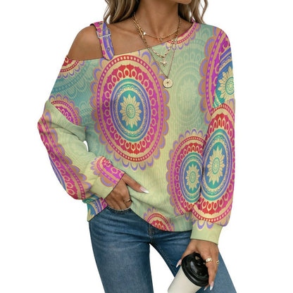 Retro Pattern Buckle Strap Asymmetrical Off Shoulder Knit Sweater
