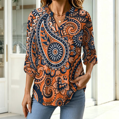 Paisley  Versatile Notched V-Neck Tunic | Roll Tab 3/4 Sleeve Office Casual Top