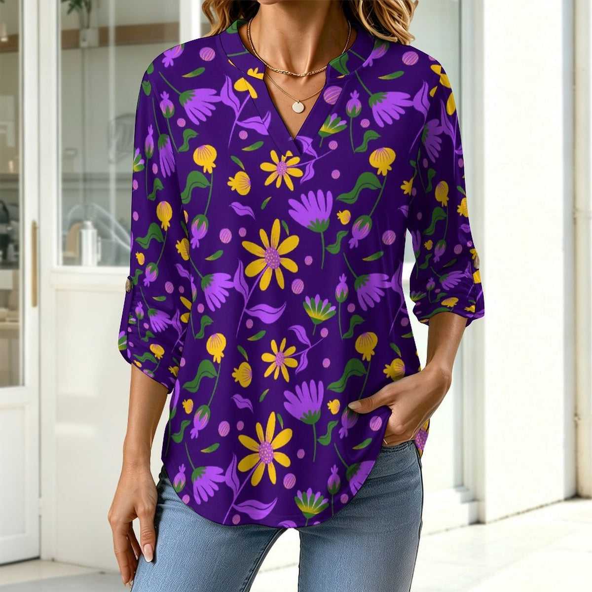 Flower Pattern Repeat  Versatile Notched V-Neck Tunic | Roll Tab 3/4 Sleeve Office Casual Top