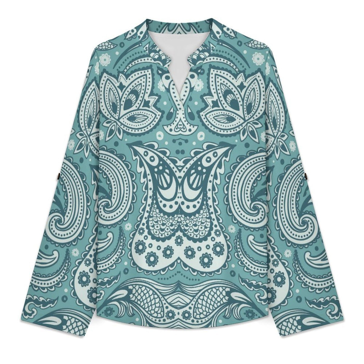 Paisley  Versatile Notched V-Neck Tunic | Roll Tab 3/4 Sleeve Office Casual Top