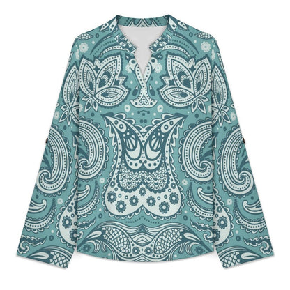 Paisley  Versatile Notched V-Neck Tunic | Roll Tab 3/4 Sleeve Office Casual Top