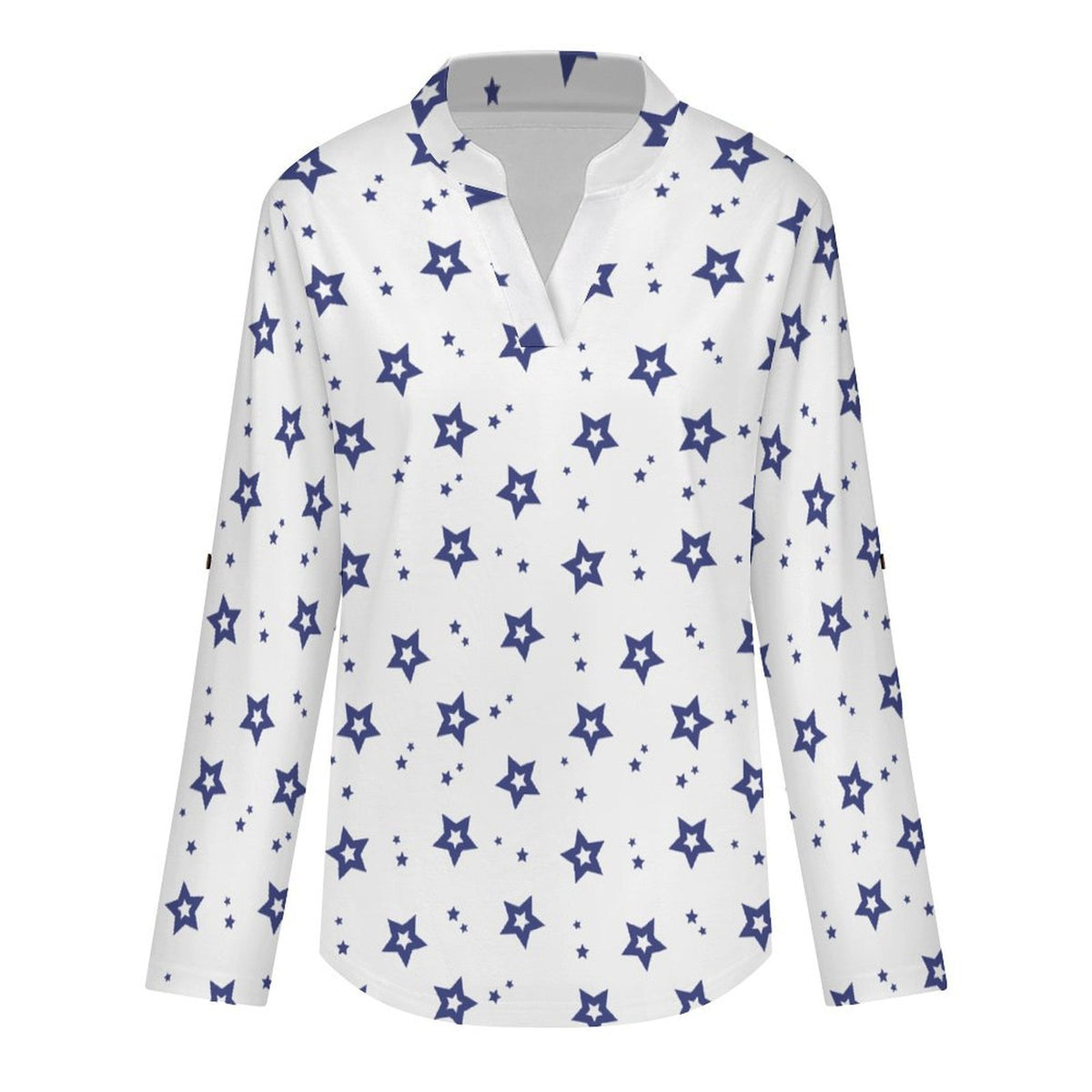 Stand-up Collar Long-sleeved Shirt Five-pointed Stars white S Women’s V-Neck Blouses