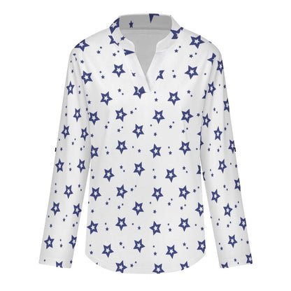 Stand-up Collar Long-sleeved Shirt Five-pointed Stars white S Women’s V-Neck Blouses
