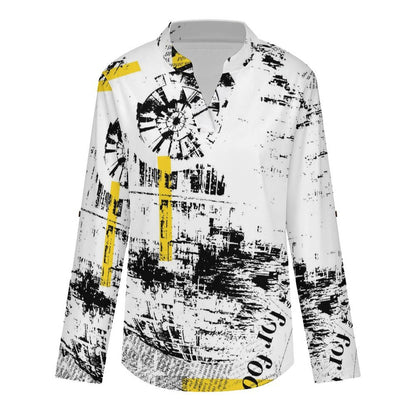 Versatile Notched V-Neck Tunic | Roll Tab 3/4 Sleeve Office Casual Top  Newspaper Girls T-shirt
