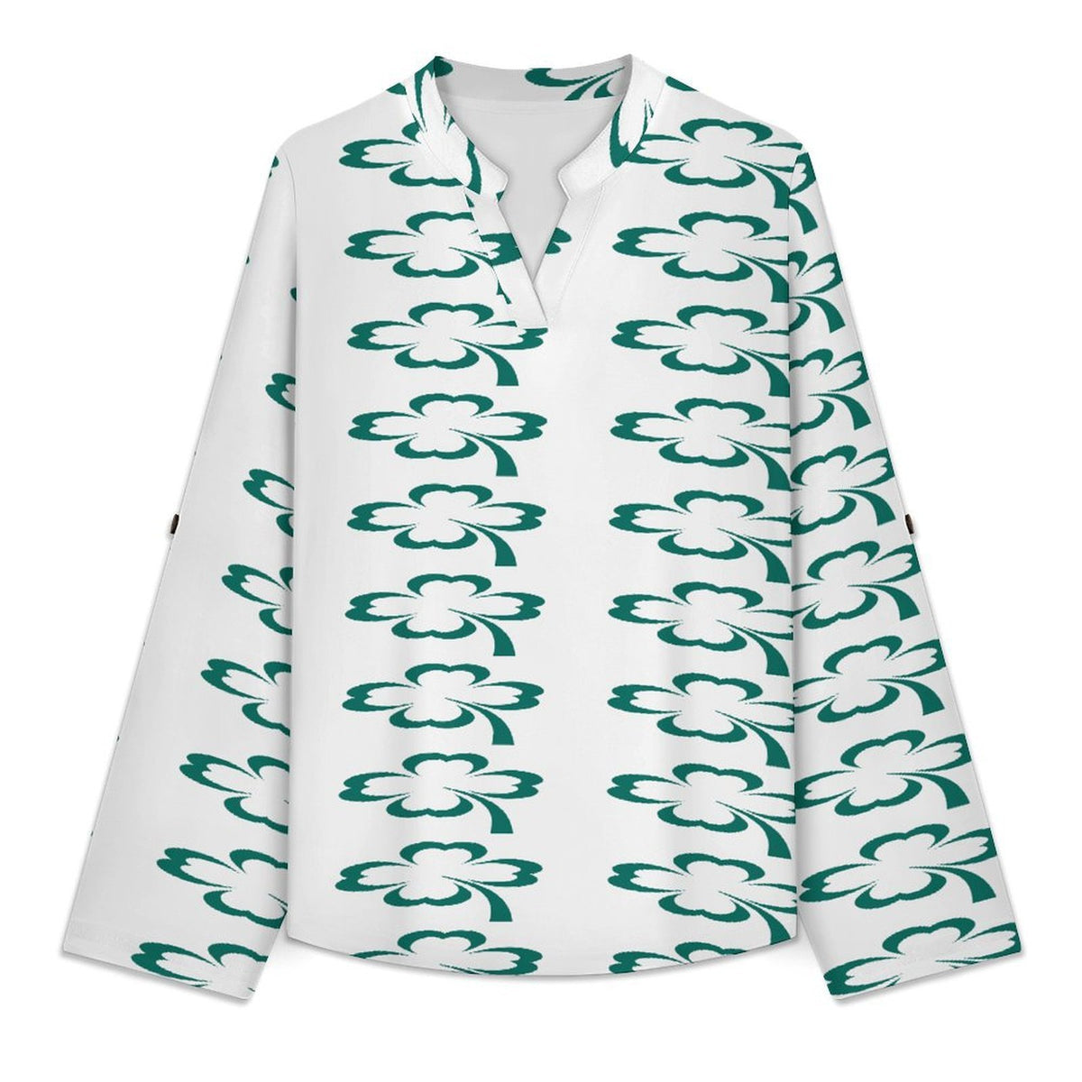Women Curved Hem V Neck Roll Sleeve Casual Work Top  St. Patrick's Day, White, Clover