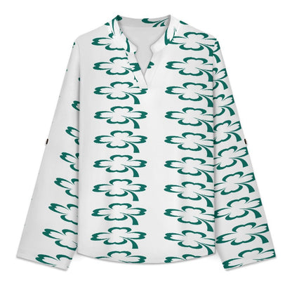 Women Curved Hem V Neck Roll Sleeve Casual Work Top  St. Patrick's Day, White, Clover