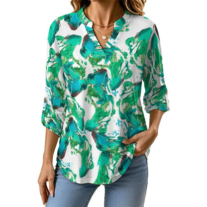 Versatile Notched V-Neck Tunic | Roll Tab 3/4 Sleeve Office Casual Top  Liquid, Repeating Pattern