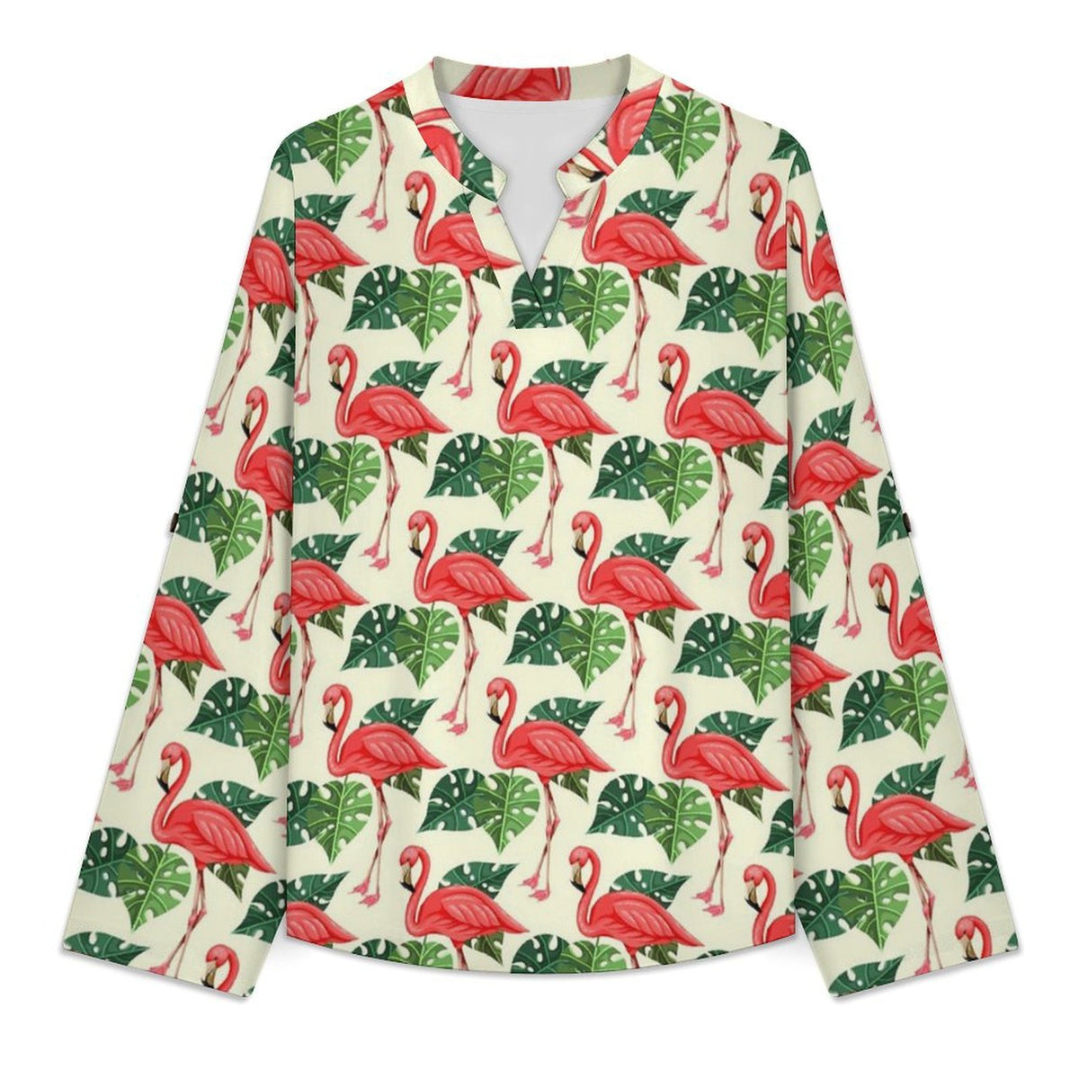 Women Curved Hem V Neck Roll Sleeve Casual Work Top  Flamingo, Repeating Pattern